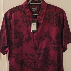 GUESS Men's Burgundy Floral Button Down Shirt